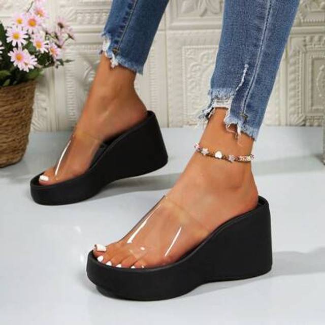 SHEIN Women&#39;s Elegant 2025 New Wedge Thick Sole Clear Toe Loop Sandals, Fashion Casual Versatile Platform High Heel Mules, Vacation Style Peep Toe Slides