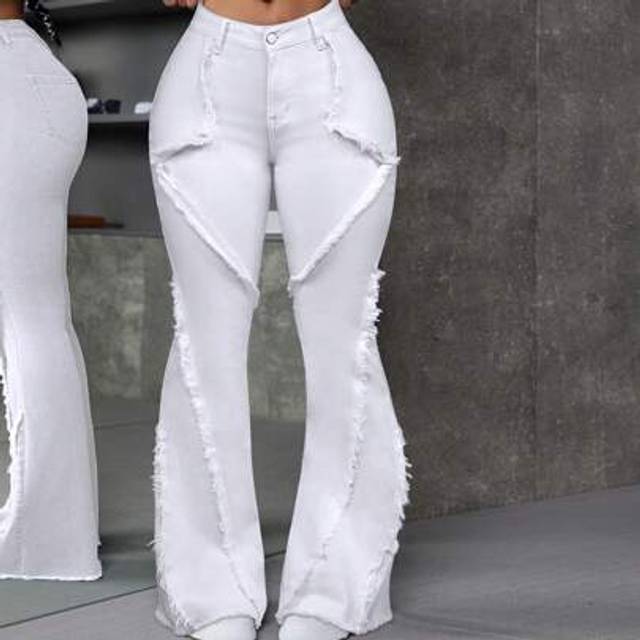 SHEIN Patchwork Frayed Hem Flare Jeans, Fashionable For Summer