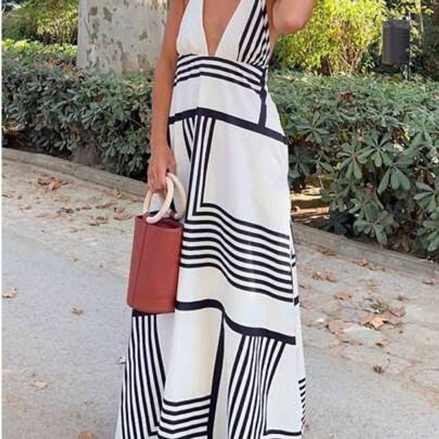SHEIN Spring Summer Women&#39;s Fashion Casual Holiday Style Casual Black Line Sleeveless Printed V Neck Tie Backless Long Dresses