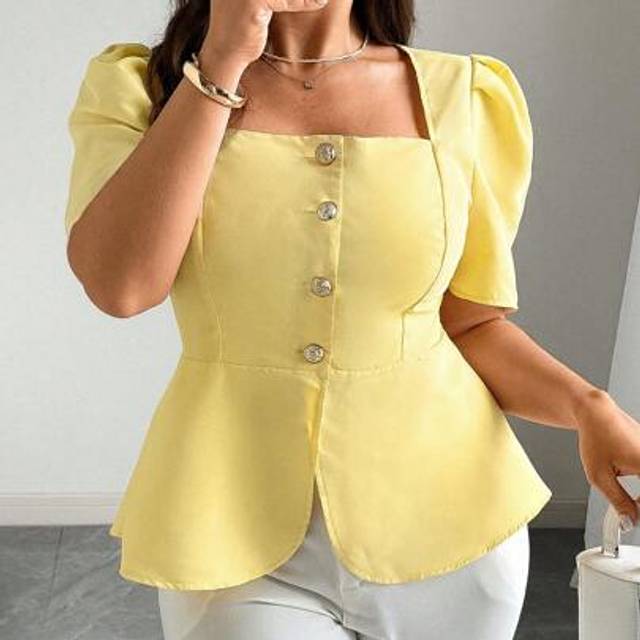 Plusstorlek Damblus med fyrkantig halsringning och knappar framtill, kortärmad, elegant - Gul (0XL,1XL,2XL,3XL,4XL)