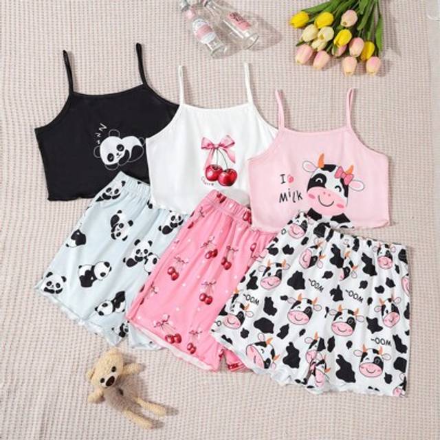 SHEIN 3pcs/Set Girls Cute Cartoon Animal Print Suspender Top & Shorts Pajama Set, Casual Homewear