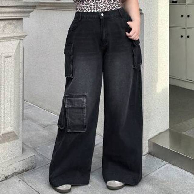 Plus Size Women's Summer Black Split Pocket Jeans med raka ben - Svart (0XL,1XL,2XL,3XL,4XL)