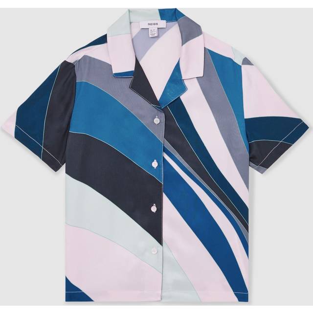 Reiss Kids' Tommi Printed Cuban Collar Shirt, Blue Print