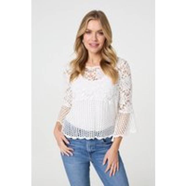 Izabel London Semi Sheer Crochet 3/4 Sleeve Crop Top - White - l/xl