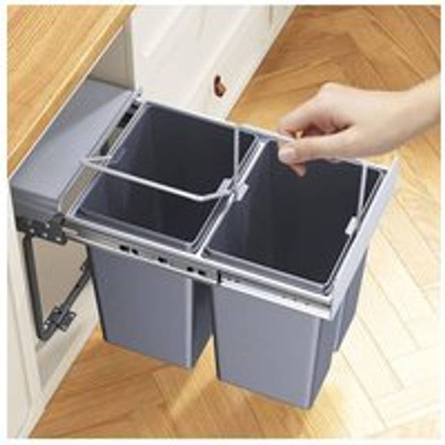 40L Kitchen 2 Pull-Out Recyclling Dustbin Compartment Trash Can Waste Bin Under Cabinet - Grey - One Size