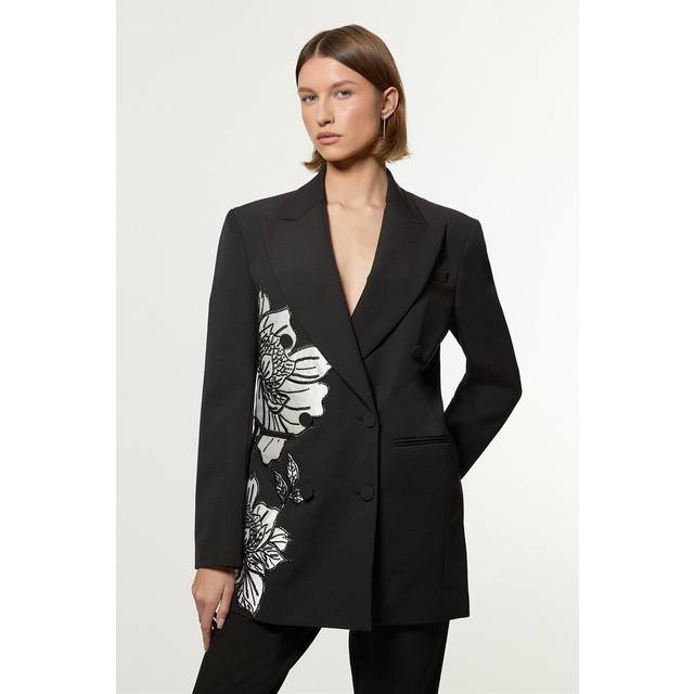 Tailored Applique Satin Beaded Tuxedo Blazer - Black