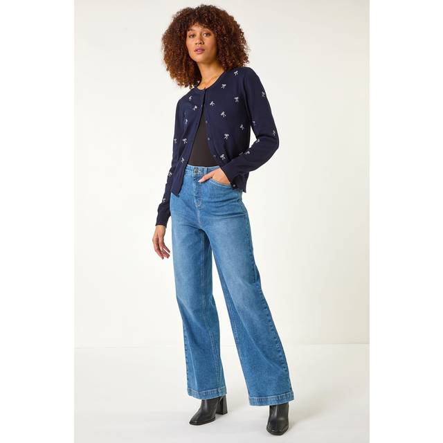 Bow Embroidered Cardigan - Navy - 20
