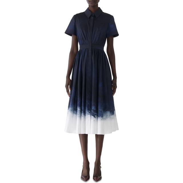 Short-Sleeve Printed Cotton Shirtdress - NAVY  WHITE SMUDGED - 2
