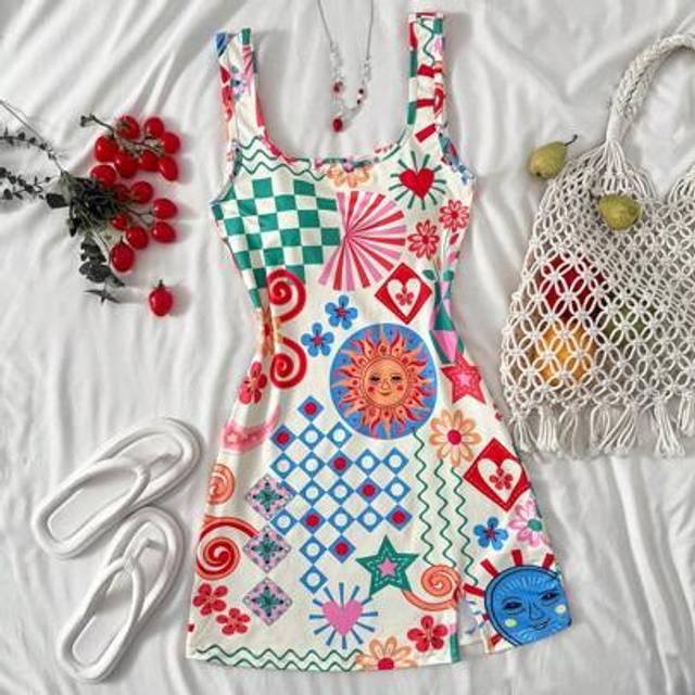 SHEIN Teen Girls Vacation Fun Pattern U-Neck Halter Backless Dress Vacation, Music Festival, Music Festival Outfit, Bohemian, Holiday Date Valentine&#39;s Day A