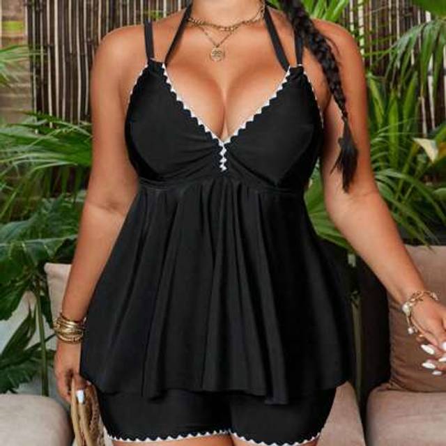 SHEIN Plus Size Women Flower Bud Print V-Neck Racerback Tankini Swimsuit Set, Casual Beach Resort Wear