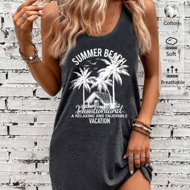 Luneh Summer Beach Casual Coconut Tree Pattern Vacation Sleeveless Dress