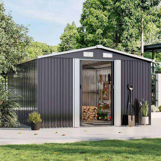 Charcoal Black Garden Storage 10 ft. W + 12 ft. D Metal Tool Shed (312cm W X 377cm D X 202cm H)