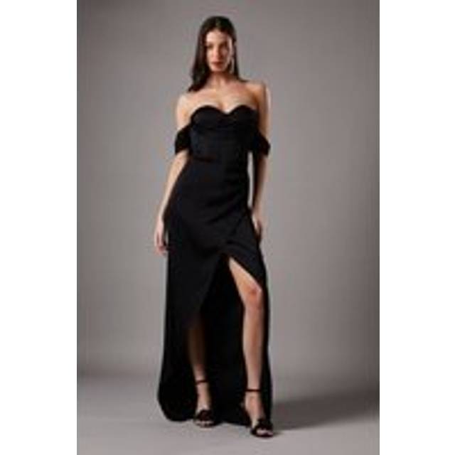 Draped Bardot Corset Satin Maxi Dress - Black - 16