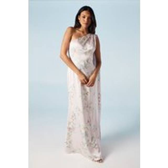 Spring Posy Printed Satin Drape Shoulder Bridesmaids Dress - Pink - 10