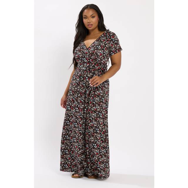 Yours Curve Black Ditsy Floral Maxi Wrap Dress, Women's Curve & Plus Size, Yours - 22-24