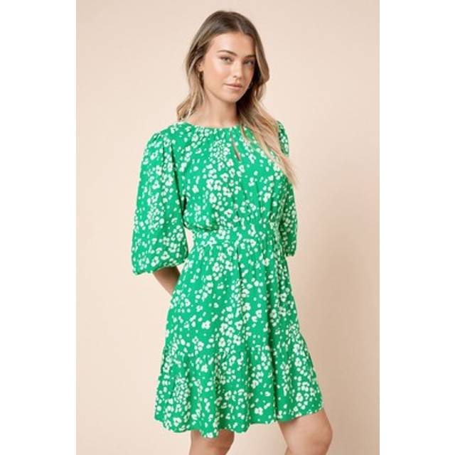 Womens Green Keyhole Puff Sleeve Tiered Mini Dress - 12