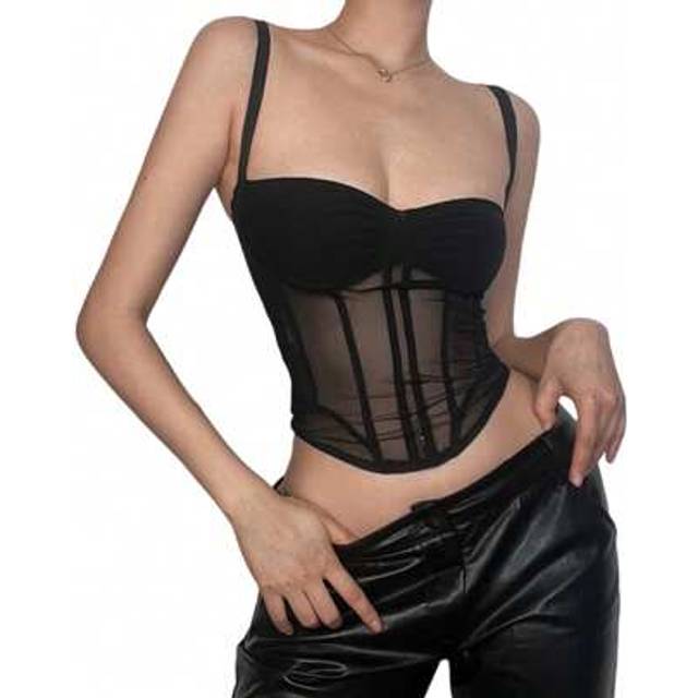 SHEIN Women&#39;s Corset Cami Tops Sleeveless Ruched Front Solid Color Mesh Bustier Tank Top