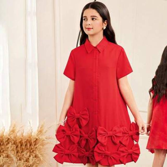 SHEIN Tween Girls Loose Casual Minimalist Comfortable Collared Short Sleeve Floral Decor Dress