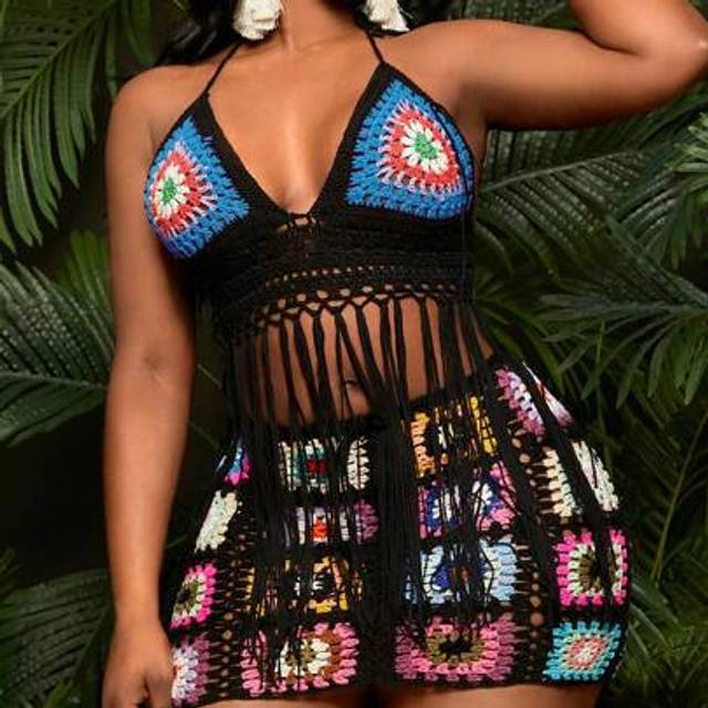 SHEIN Plus Size Women Open Back Contrast Color Camisole Top With Fringe Hem Decoration