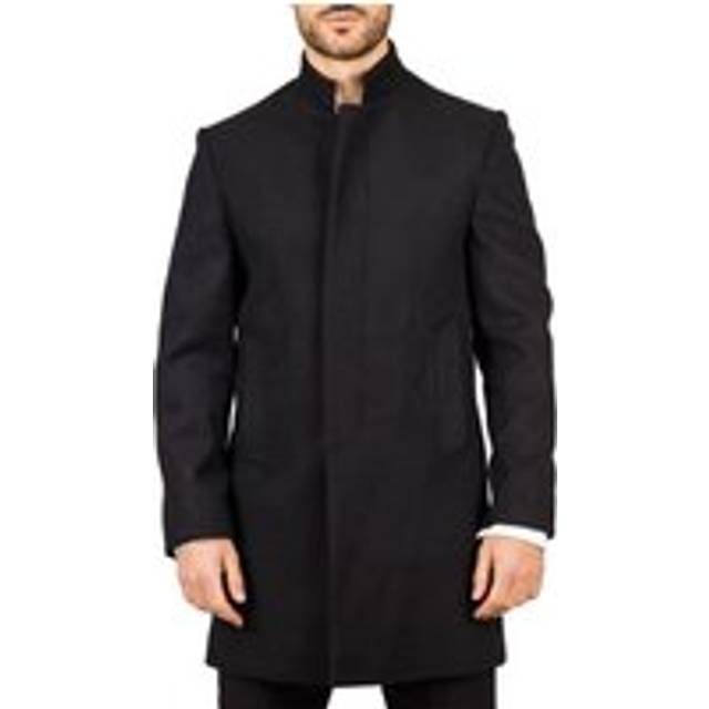 Stand Collar Wool Blend Overcoat Classic Trench Coat Winter Jacket - Black - XL