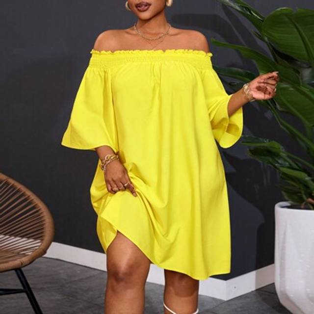SHEIN Plus Size Off Shoulder 3/4 Sleeve Dress, Suitable For Vacation, Summer,Curve Plus ,Hoho VacationbeachOutfitsForWoman/BeachDress/BeachVacationOut