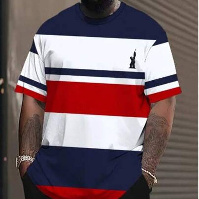SHEIN Summer Casual Business Men Plus Size T-Shirt, Red & White Striped Print Round Neck Short Sleeve Top, Suitable For Streetwear