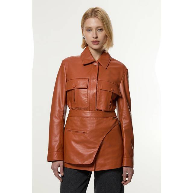 Leather Safari Jacket With Detachable Wrap Belt Detail - Copper