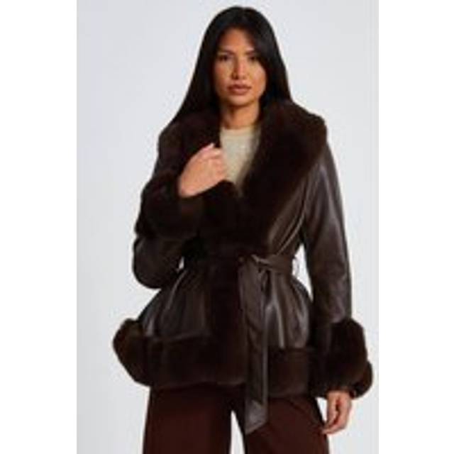 Brown Faux Leather Belted Jacket - 10