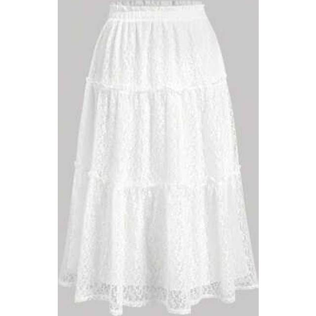 SHEIN Plus Size Women&#39;s Ruffled Hem, Lace Stitching Bohemian Style Skirt, Lace Skirt, White, Summer, Seaside Vacation, Beach Vacation, Basic Versatile Style