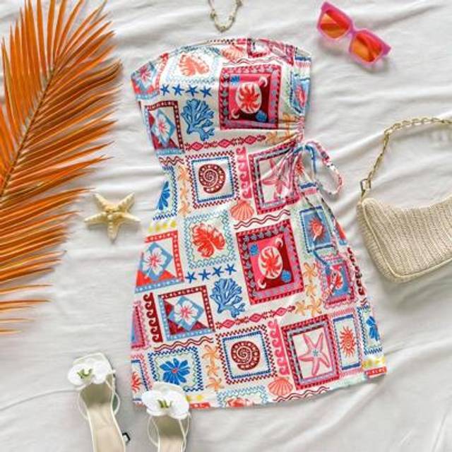 Soleia Summer Vacation Novelty Island Elements Starfish Shell Hibiscus Tropical Plant Print Drawstring Waist Hollow Bodycon Spaghetti Strap Dress, Suitable F