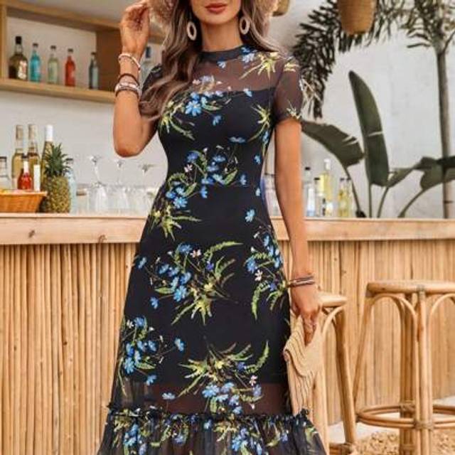 SHEIN Women&#39;s Gothic Elegant Black Base Colorful Floral Print Mesh Round Neck Short Sleeve Waist Cinched Wave Hem Long Dress