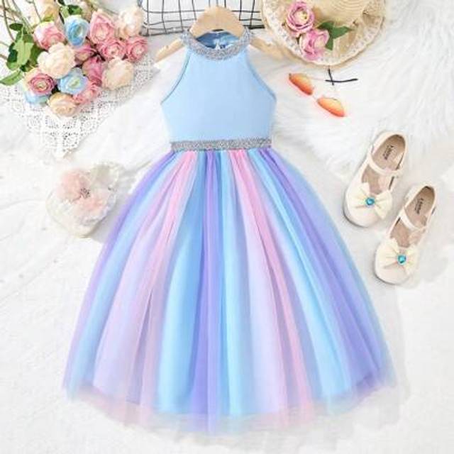 SHEIN Tween Girls Rainbow Halter Dress, Princess Light Formal Dress For Summer