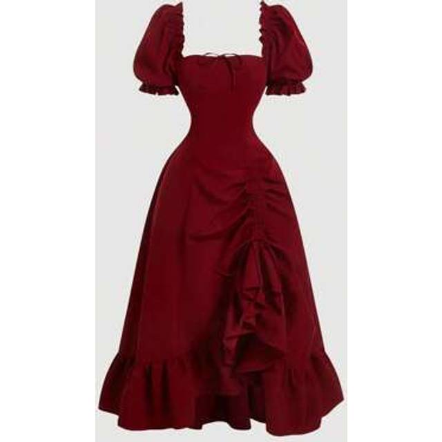 SHEIN Wine Red Puff Sleeve Tied Waist Split Hem Midi Dress,Spring/Summer Dresses For Women,Vacation,Party,Tea Party Dress,Vintage Dress,Tea Party Dress,Goin
