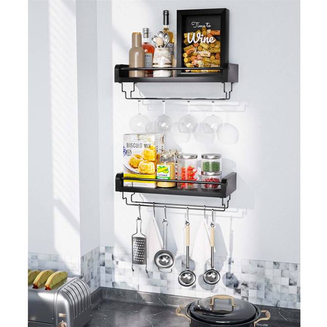 Set Of 2 Wall Mounted Wine Shelves With Wine Cork Holder And Stemware Hanger - Black (11cm H X 35cm W X 15cm D)
