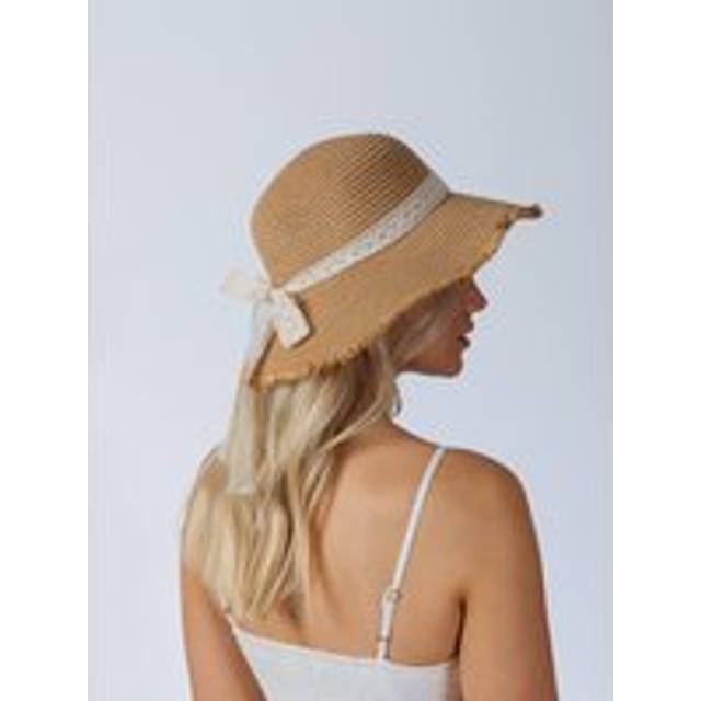 Womens Lace Ribbon Straw Sun Hat - Beige - One Size