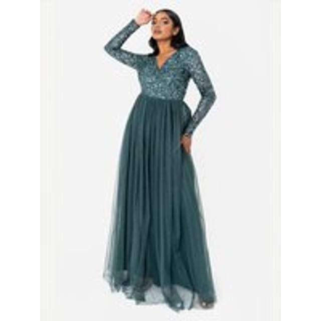 V Neck Embellished Long Sleeve Maxi Dress - Emerald - 22