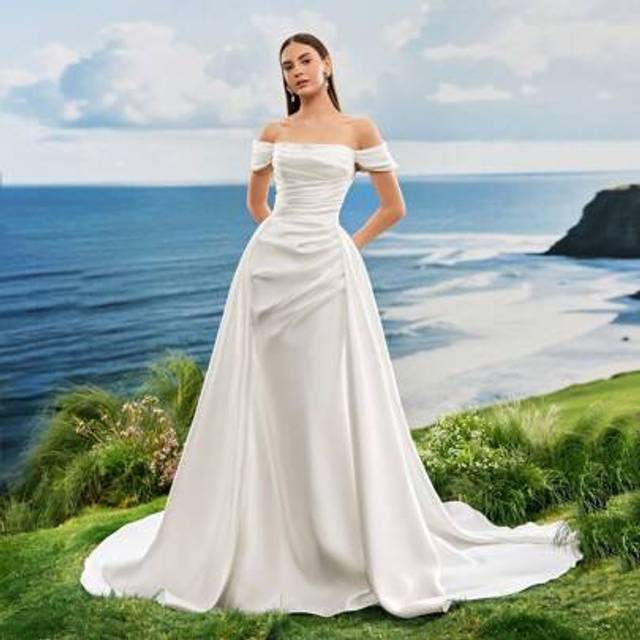 SHEIN Summer Off The Shoulder Romantic Glossy Satin White Elegant Mermaid Wedding Dresses For Bride,Engagement,With Train