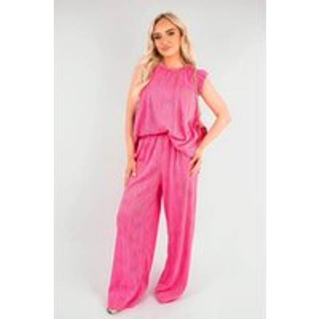 Corah Textured Frill Sleeve Top & Wide Leg Trouser Co-ord Set - Fuchsia - S/M