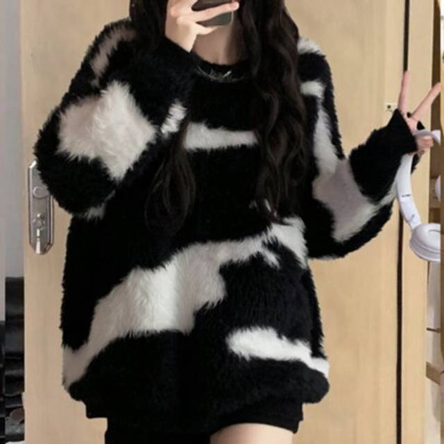 Slumpmässigt mönster Drop Shoulder Oversized fluffig stickad tröja, långärmade toppar - Svart och Vitt (L,M,XL)