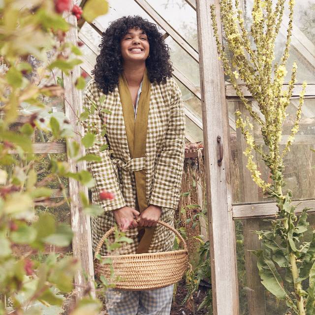 Botanical Green Gingham Linen Housecoat | Large/Extra Large | Piglet in Bed