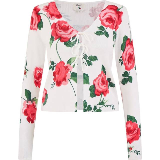 Yumi White Rose Print Cardigan With Tie Front - Size L UK - Yumi