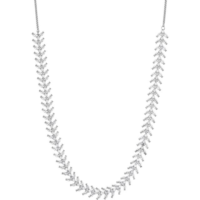 Rhodium Plated Cubic Zirconia Rhodium Plated Leaf Adjustable Toggle Necklace - Gift Boxed - Silver - One Size