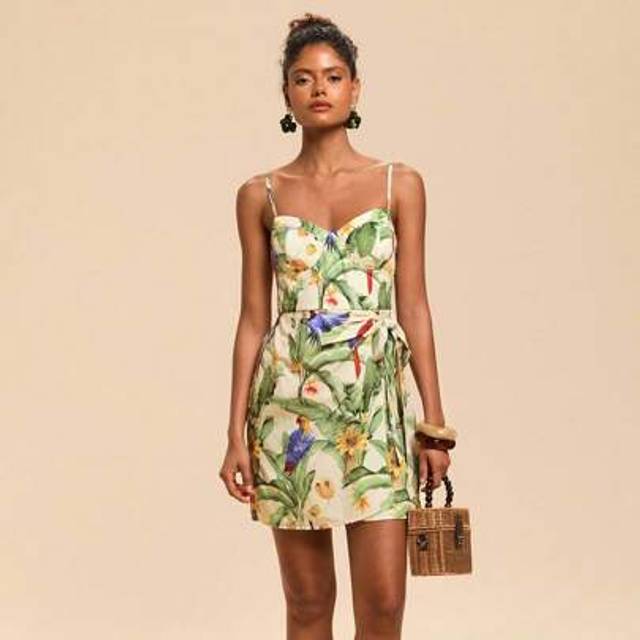 Travachic Vacation Casual Tropical Print Tie-Up Wrap Cami Mini Dress,Summer,Summer Outfits For Women,Beachwear,Easter,Beach Outfits For Woman,Vacation Outfits W