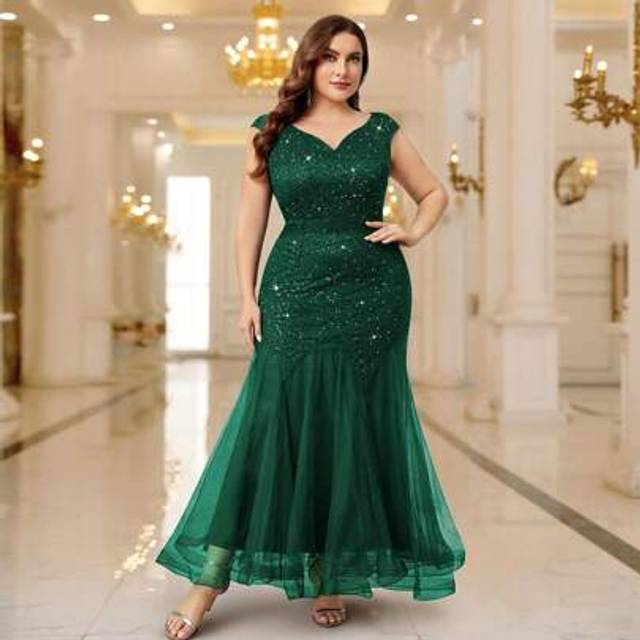 SHEIN Plus Elegant Sweetheart Sequin Lace Sleeveless Mesh Mermaid Hem Formal Party Maxi Dress, Prom Evening Wedding Guest Dress, For Birthday, Graduation, H