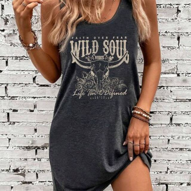 Luneh Plus Size Casual Minimalist Western Steer Head Print Sleeveless Dress, Round Neck Vest Dress Suitable For Summer