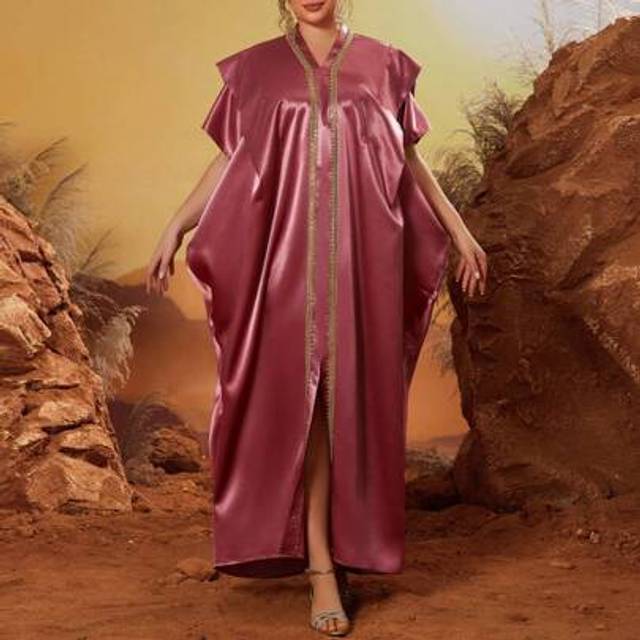 SHEIN Plus Size Women&#39;s Mgiacy-Classy New Arrival V Neck Elegant Large Arabic Burqa Gold Tray Ruffle Flounce Sleeve Dress