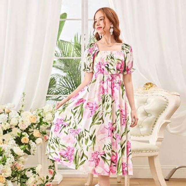 SHEIN Teen Girls Printed Floral Pattern Square Neck Puff Sleeve Waist Ruched Tight Mini Dress, Suitable For Summer Outing And Vacation