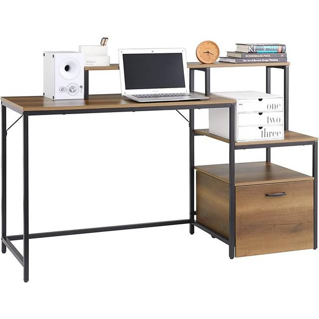 Home Office Industrial Style Table Computer Desk Workstation With 3 Storage Shelves Vintage - Brown (121cm W X 57.5cm D)