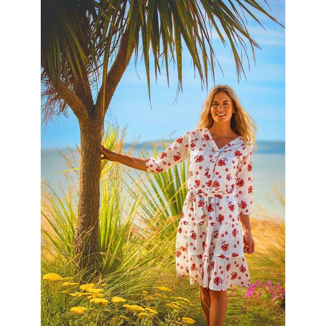 Fan Floral Knee Length Dress - Cream - 8