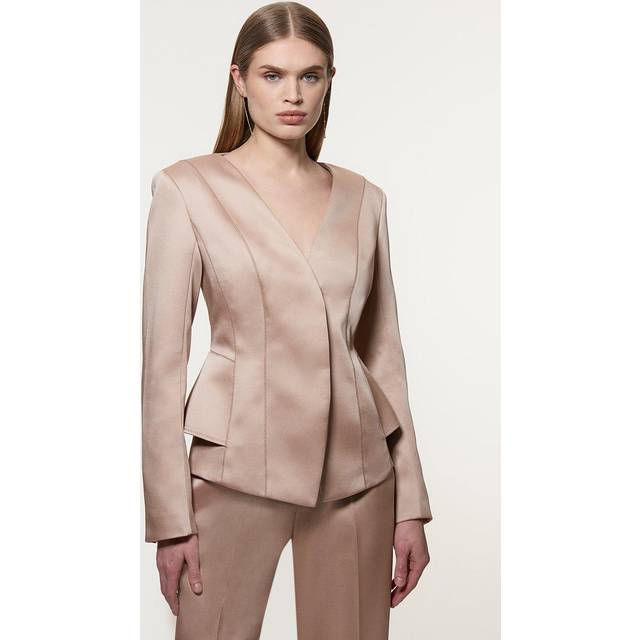 Structured Viscose Satin Stitch Detail Tailored Peplum Blazer - Champagne